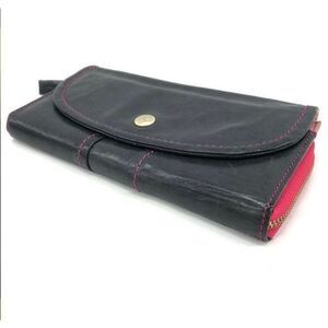 Frame Work Black Leather Long Wallet Hot Pink Contrast Stitch Accent Y2K Style